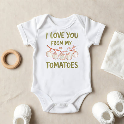 I Love You From My Head Tomatoes baby grow laid flat
