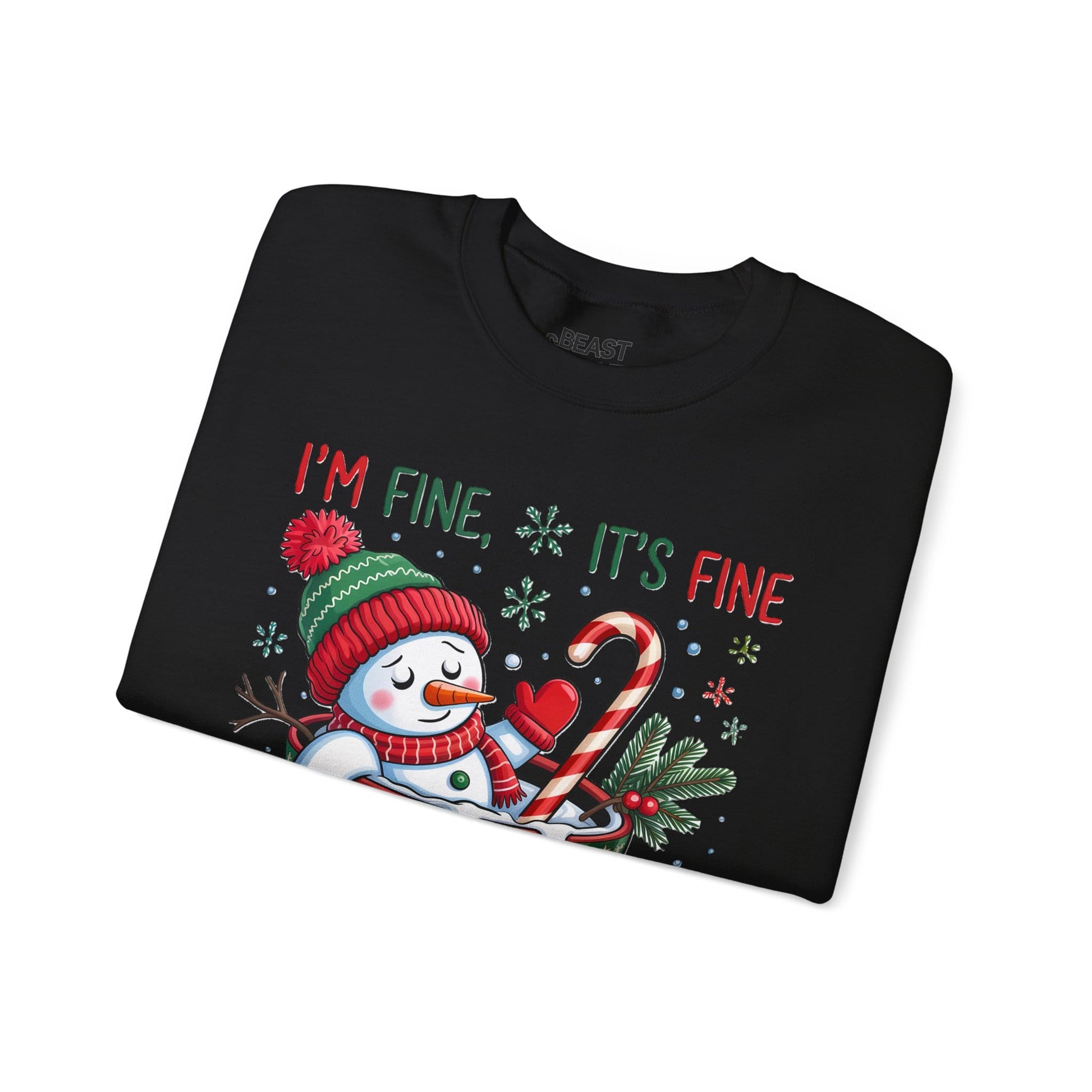 Christmas meltdown sweatshirt flat lay in four colours — I'm Fine It's Fine funny festive design