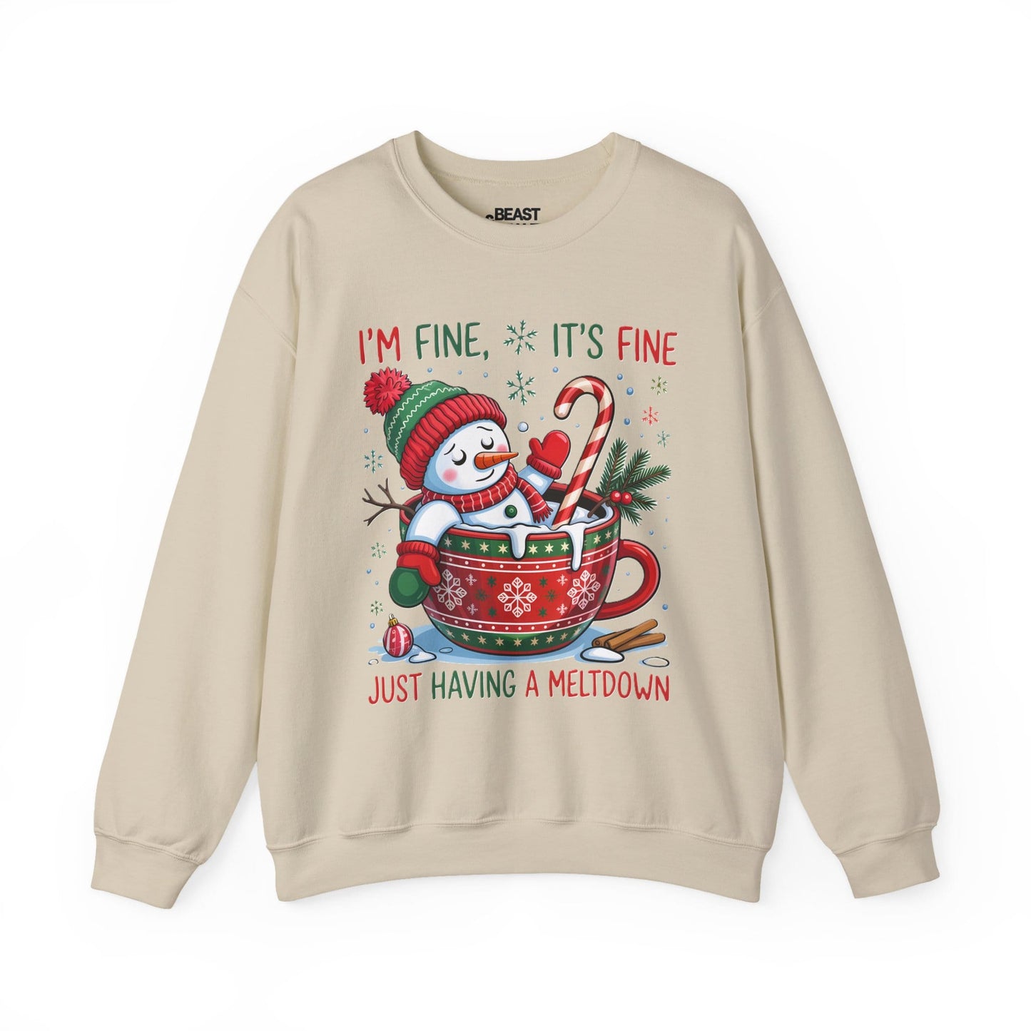sand sweatshirt with I'm Fine It's Fine Christmas meltdown graphic — funny festive gift