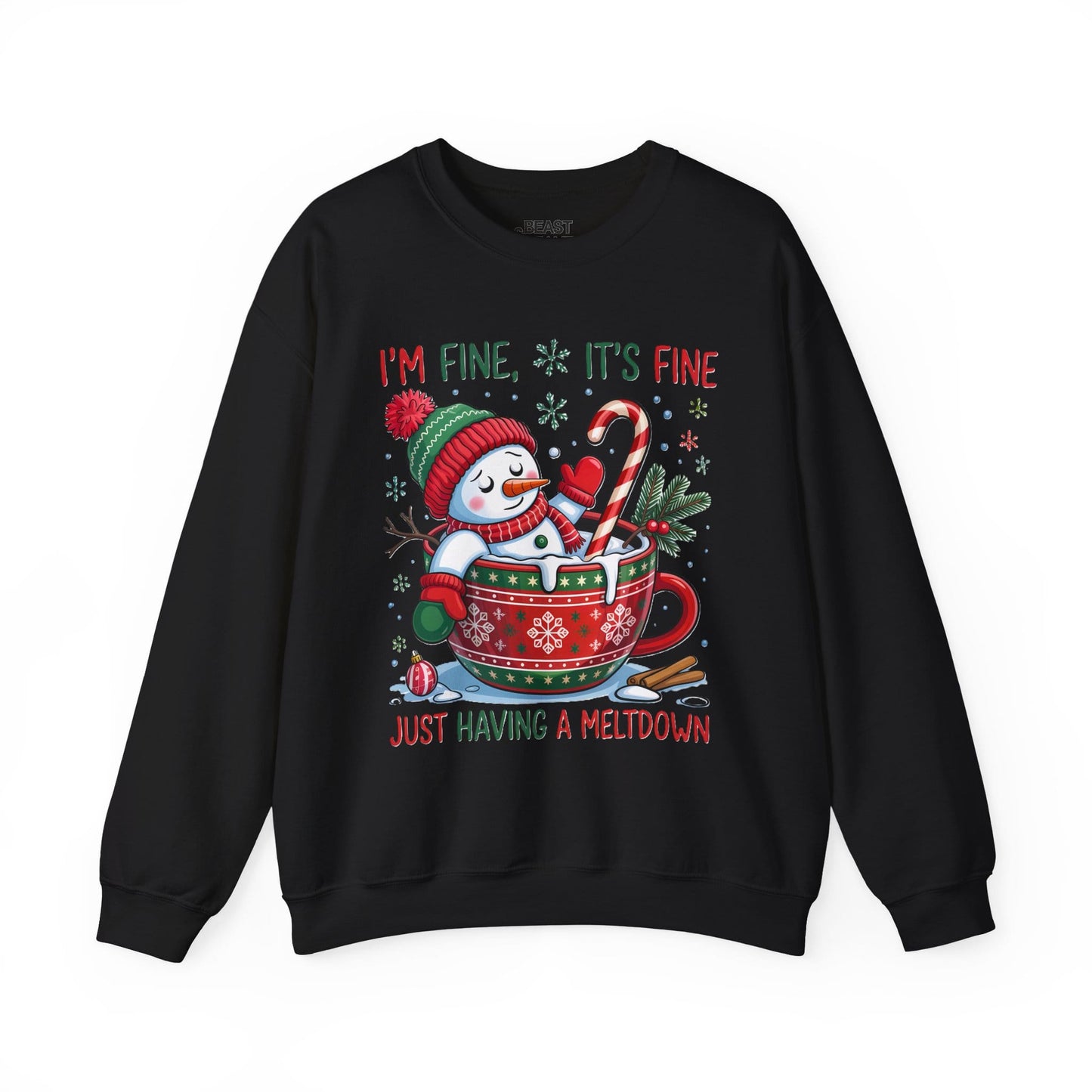 black sweatshirt with I'm Fine It's Fine Christmas meltdown design — funny festive gift for her or him
