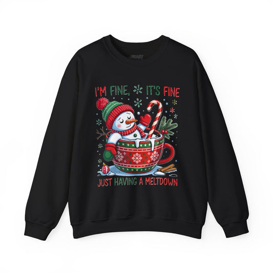 black sweatshirt with I'm Fine It's Fine Christmas meltdown design — funny festive gift for her or him
