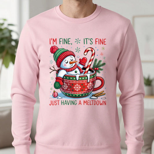 Christmas Meltdown Sweatshirt in Light Pink, worn, our photo