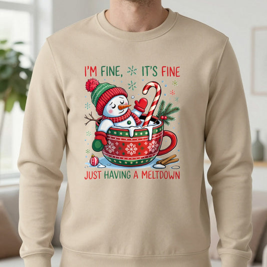 Christmas Meltdown Sweatshirt in Sand, worn, our photo
