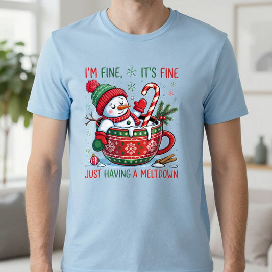 I’m Fine It’s Fine Just Having a Meltdown Christmas T-Shirt in Light Blue, worn, our photo