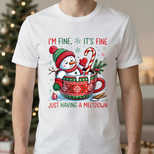 I’m Fine It’s Fine Just Having a Meltdown Christmas T-Shirt in White, worn, our photo