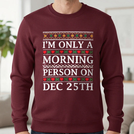 Christmas Morning Sweatshirt in Maroon, worn, our photo
