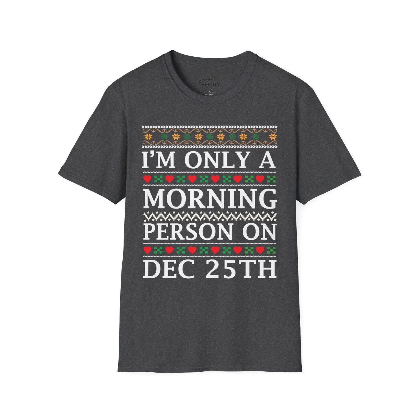 dark heather t-shirt with festive sweater-style Christmas morning slogan print