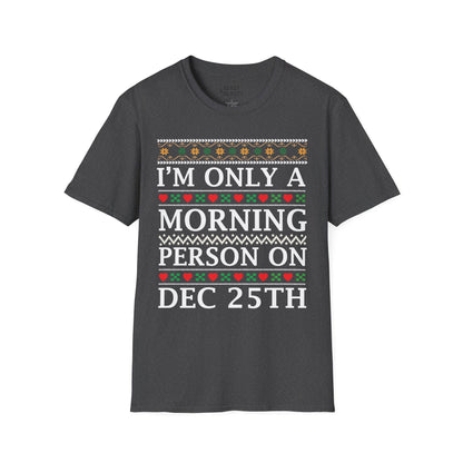 dark heather t-shirt with festive sweater-style Christmas morning slogan print