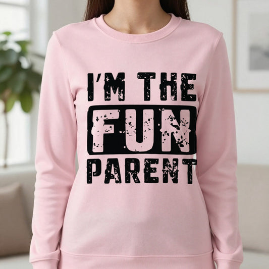 I’m The Fun Parent Sweatshirt in Light Pink, worn, our photo
