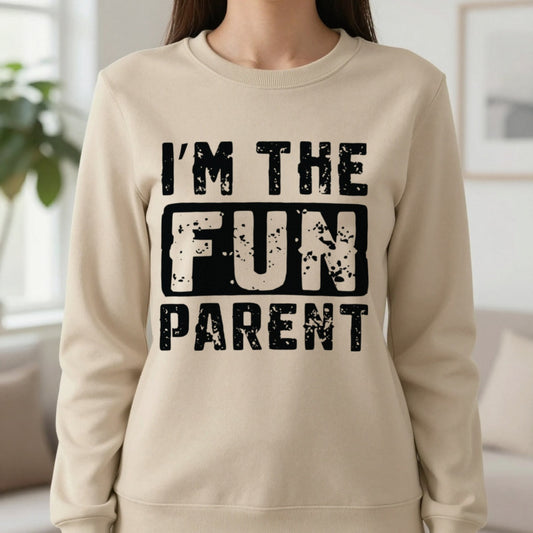 I’m The Fun Parent Sweatshirt in Sand, worn, our photo