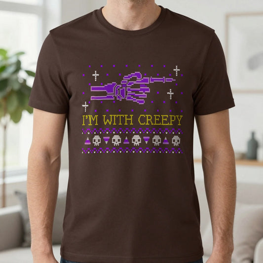 I’m With Creepy Halloween Graphic T-Shirt in Dark Chocolate, worn, our photo
