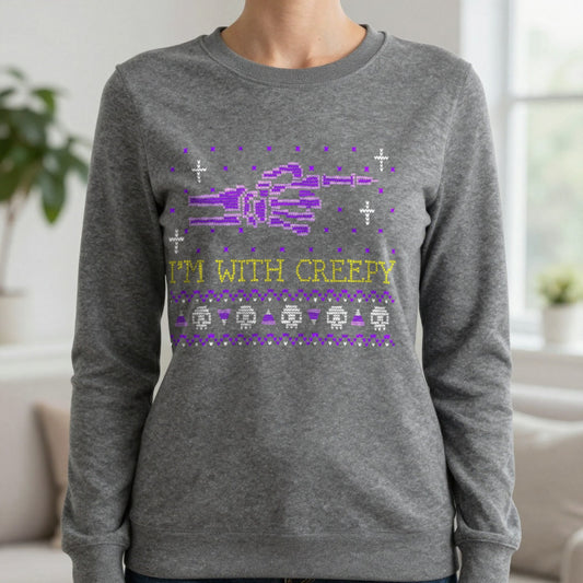 I’m With Creepy Funny Halloween Sweatshirt in Dark Heather, worn, our photo