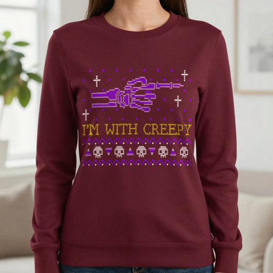 I’m With Creepy Funny Halloween Sweatshirt in Maroon, worn, our photo