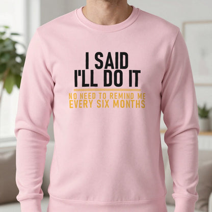 I Said I'll Do It No Need To Remind Me Every Six Months Funny Couples T-Shirt & Sweatshirt in Light Pink, worn, our photo