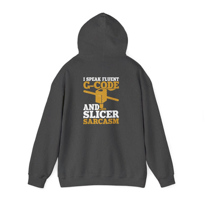 dark heather hoodie with bold fluent G-Code design for 3D printing gift