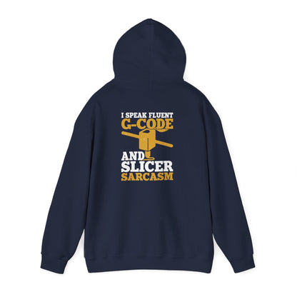 navy hoodie with G-Code and slicer software sarcasm graphic for makers and engineers