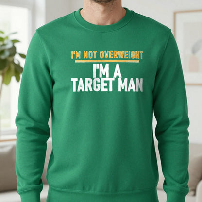 I'm Not Overweight I'm A Target Man Funny Football T-Shirt & Sweatshirt in Irish Green, worn, our photo