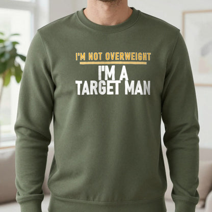 I'm Not Overweight I'm A Target Man Funny Football T-Shirt & Sweatshirt in Military Green, worn, our photo