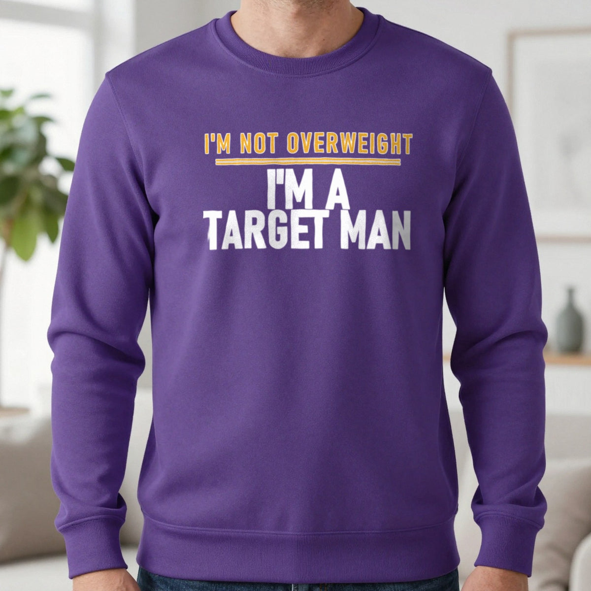 I'm Not Overweight I'm A Target Man Funny Football T-Shirt & Sweatshirt in Purple, worn, our photo