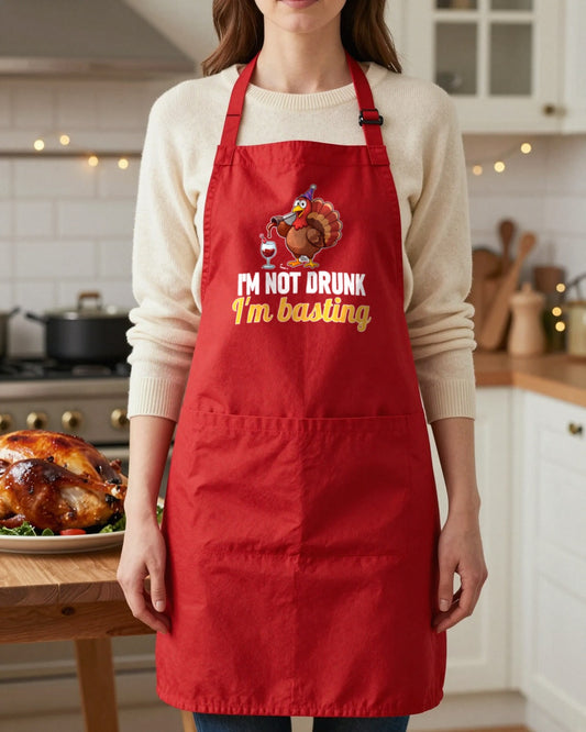 I'm Not Drunk I'm Basting Christmas apron in Red, worn, our photo