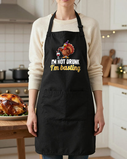 I'm Not Drunk I'm Basting Christmas apron in Black, worn, our photo