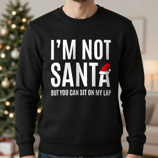 Funny Santa Lap Christmas Jumper – Cheeky Adult Xmas Sweatshirt in Black (Sweatshirt), worn, our photo
