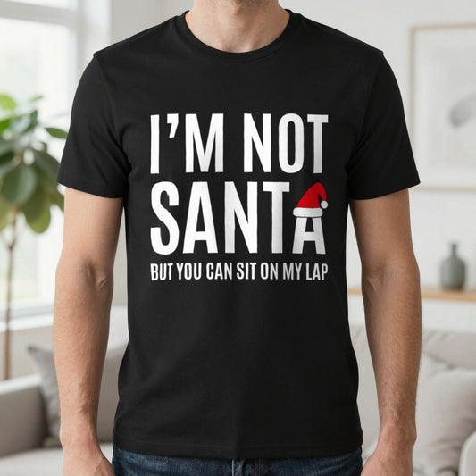 Funny Santa Lap Christmas Jumper – Cheeky Adult Xmas Sweatshirt in Black (T-Shirt), worn, our photo