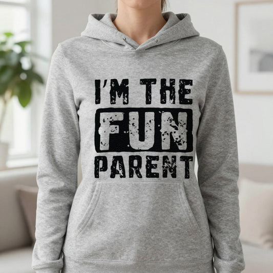 I'm The Fun Parent Hoodie in Sport Grey, worn, our photo