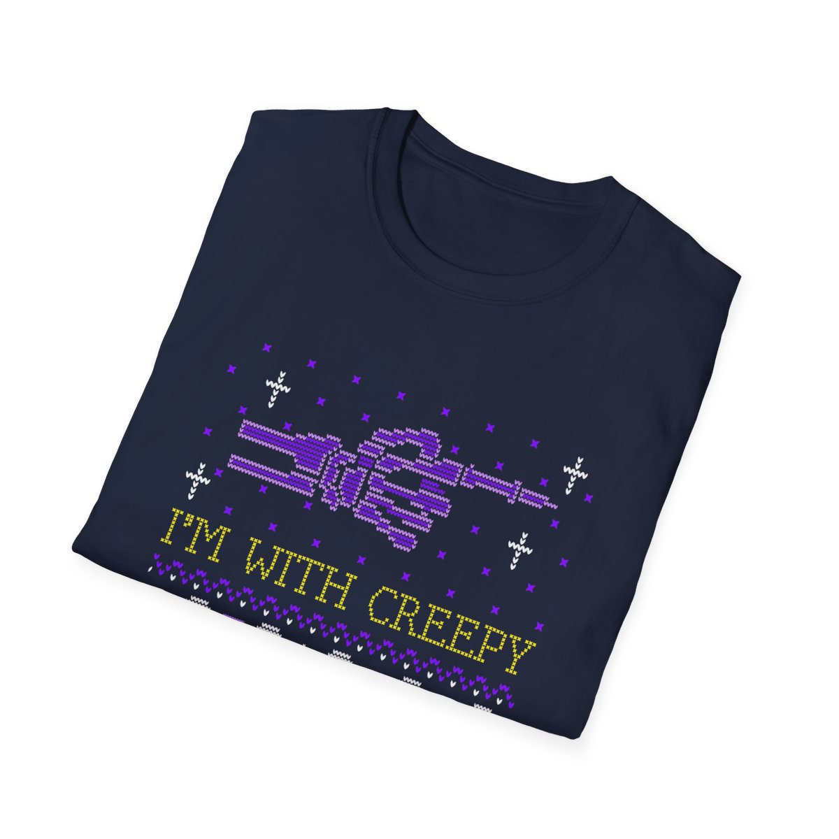 Halloween party t-shirt laid flat showing retro ugly sweater-inspired skeleton print
