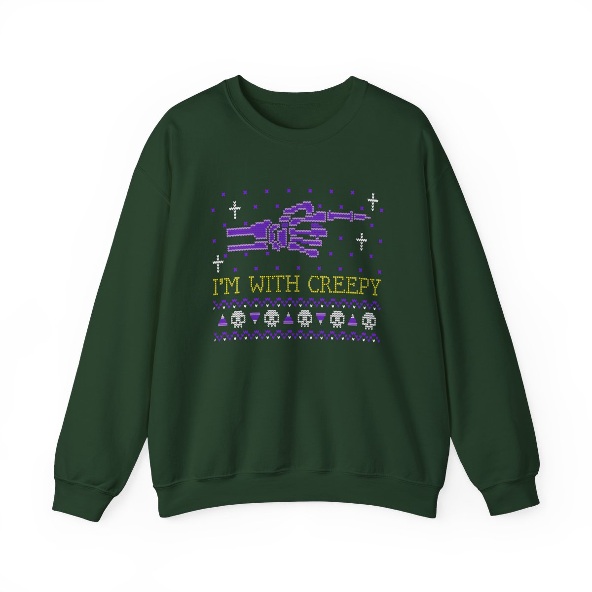 navy sweatshirt with i'm with creepy playful halloween print