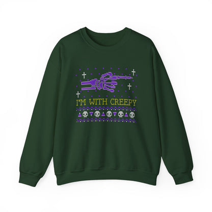 navy sweatshirt with i'm with creepy playful halloween print
