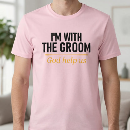 I'm With The Groom God Help Us Stag Do T-Shirt & Sweatshirt in Light Pink, worn, our photo