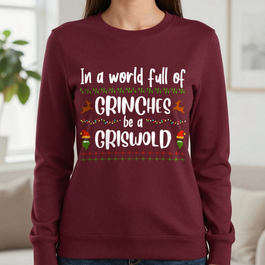 In a World Full of Grinches Christmas Sweatshirt in Maroon, worn, our photo