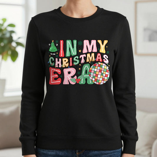 In My Christmas Era Sweatshirt – Festive Disco Holiday Jumper in Black (Sweatshirt), worn, our photo