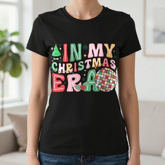 In My Christmas Era Sweatshirt – Festive Disco Holiday Jumper in Black (T-Shirt), worn, our photo