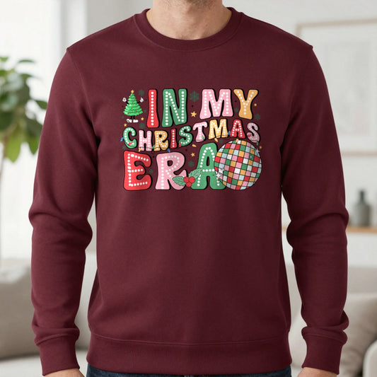 In My Christmas Era Sweatshirt in Maroon, worn, our photo