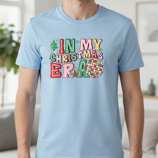 In My Christmas Era T-Shirt in Light Blue, worn, our photo
