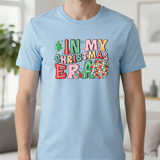 In My Christmas Era T-Shirt in Light Blue, worn, our photo