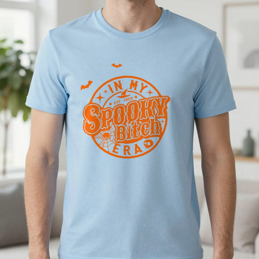 In My Spooky Era Halloween Graphic T-Shirt in Light Blue, worn, our photo