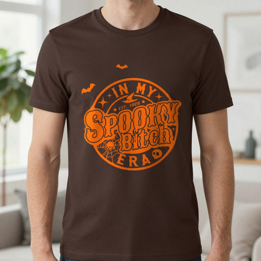 In My Spooky Witch Era Halloween Graphic T-Shirt in Dark Chocolate, worn, our photo