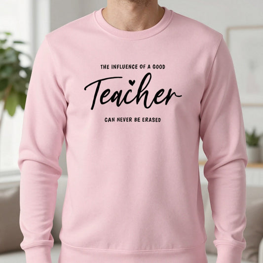 Inspirational Teacher Sweatshirt in Light Pink, worn, our photo