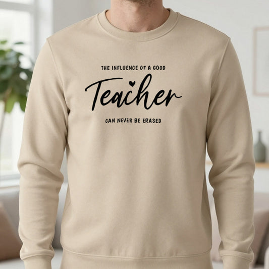 Inspirational Teacher Sweatshirt in Sand, worn, our photo
