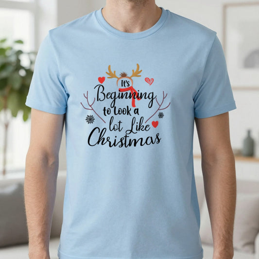 It's Beginning to Look a Lot Like Christmas T-Shirt in Light Blue, worn, our photo