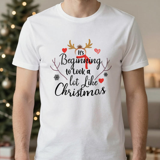 It's Beginning to Look a Lot Like Christmas T-Shirt in White, worn, our photo