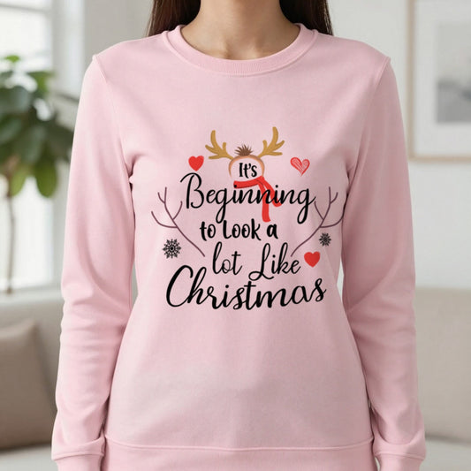 It’s Beginning to Look Like Christmas Sweatshirt in Light Pink, worn, our photo