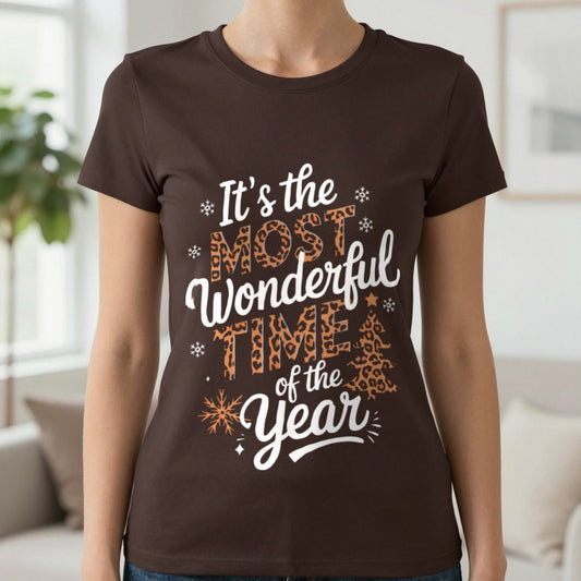 It’s The Most Wonderful Time Of The Year Christmas T-Shirt in Dark Chocolate, worn, our photo