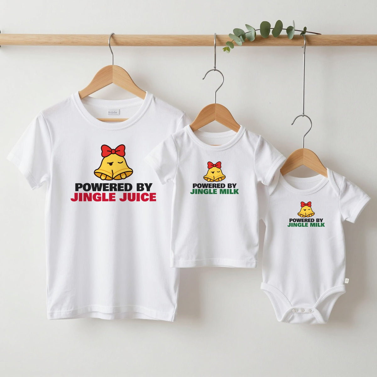Jingle Juice & Jingle Milk Christmas matching set grown-up tee, kids tee and baby grow on hangers