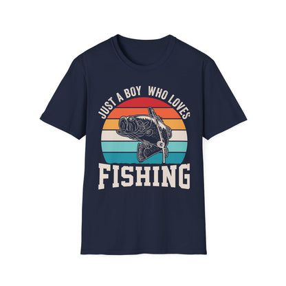 black t-shirt with just a boy who loves fishing funny print