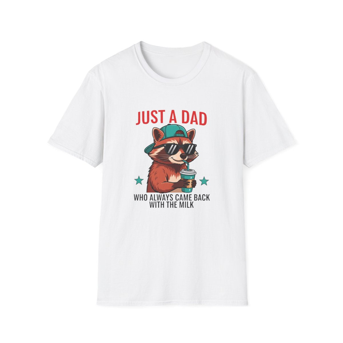 white t-shirt with cool raccoon wearing sunglasses and snapback funny dad design