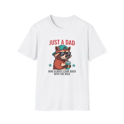 white t-shirt with cool raccoon wearing sunglasses and snapback funny dad design